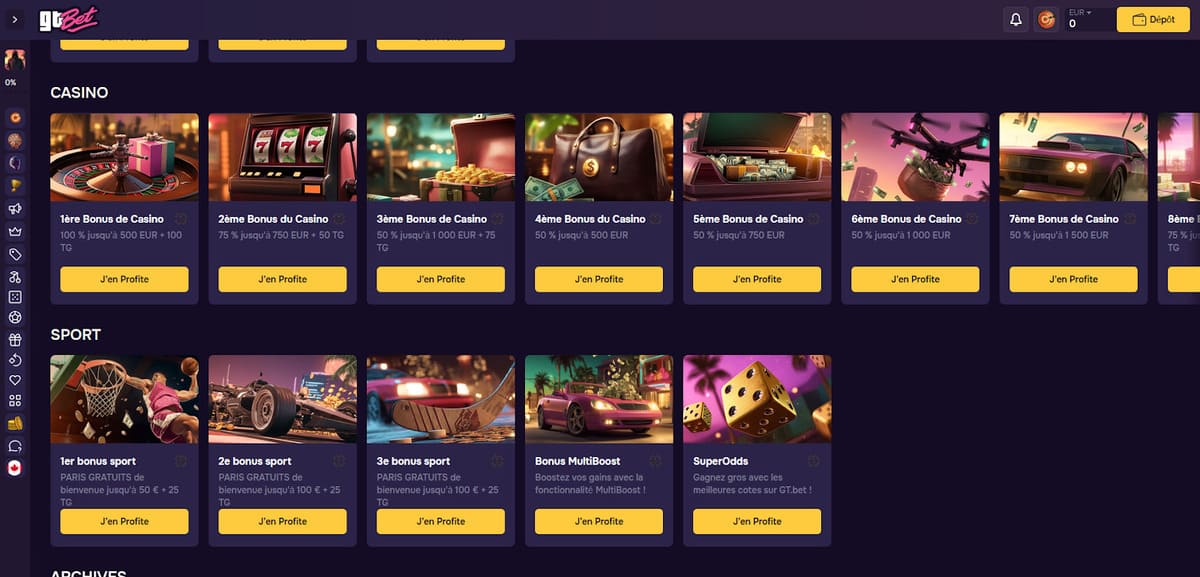 Centro de promociones y códigos activos en el cajero de GT Bet Casino