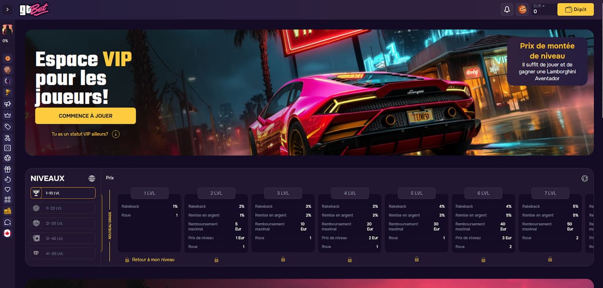 Sección VIP con códigos personalizados visibles para usuarios de nivel alto en GT Bet