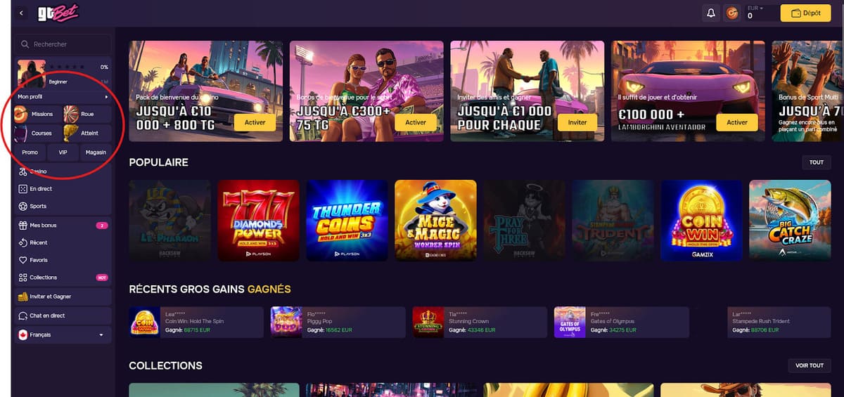 Misiones con códigos asociados visibles desde el panel de promociones de GT Bet