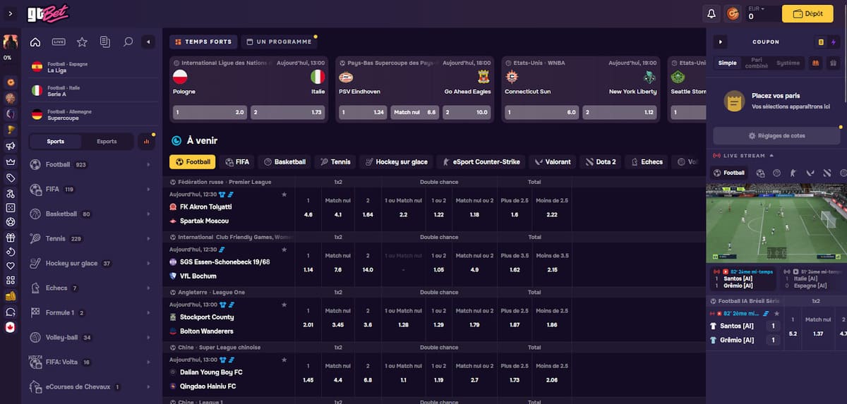 Sección de apuestas deportivas de GT Bet con códigos exclusivos del sportsbook